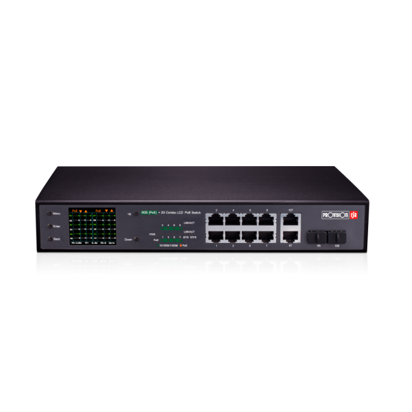 8+2 Port Giga PoE Switch,8 giga downlink port, 2 giga combo port, 120W, sa cctv modom, LCD u boji