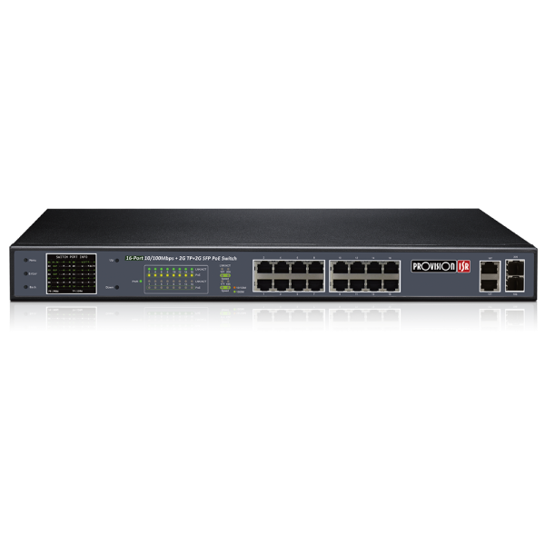 16CH neupravljani PoE switch, downlink:*16 100mbps, uplink: *2 1000mbps, ukupan PoE je 250W. CCTV Mod